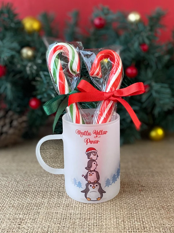 Baston Şekerli İsme Özel Cam Çay Fincanı, Yılbaşı Hediyesi