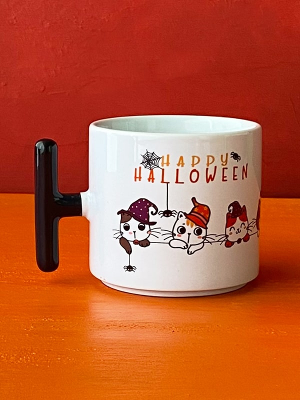 Happy Halloween Kedili Beyaz T Kupa, Cadılar Bayramı Kupası, Kedili Kupa