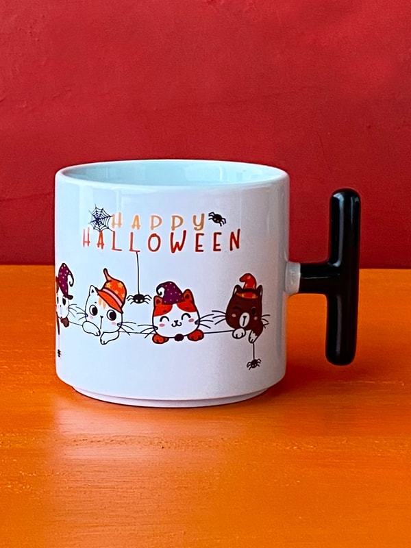 Happy Halloween Kedili Beyaz T Kupa, Cadılar Bayramı Kupası, Kedili Kupa