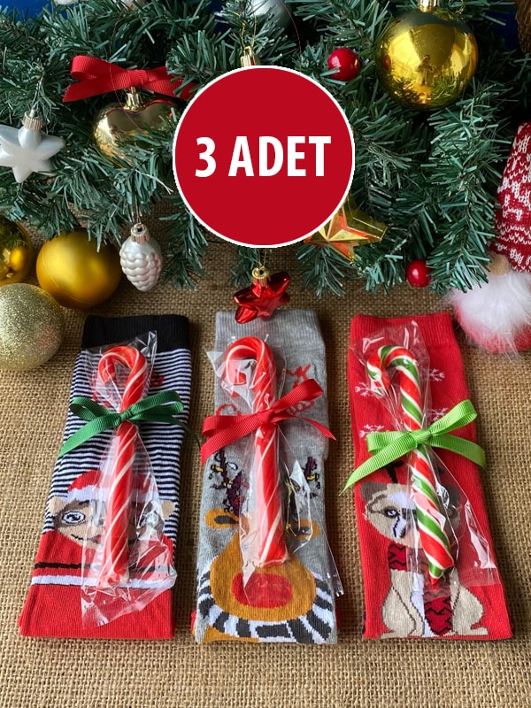 3 Adet Baston Şekerli Çorap, Yeni Yıl Hediyesi, Yılbaşı Hediyesi, Baston Şeker, Yılbaşı Çorabı