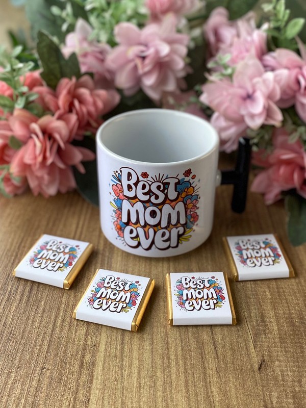 Çikolatalı "BEST MOM EVER" Kupası, Anneye Hediye, Anneler Günü, Porselen T Kupa