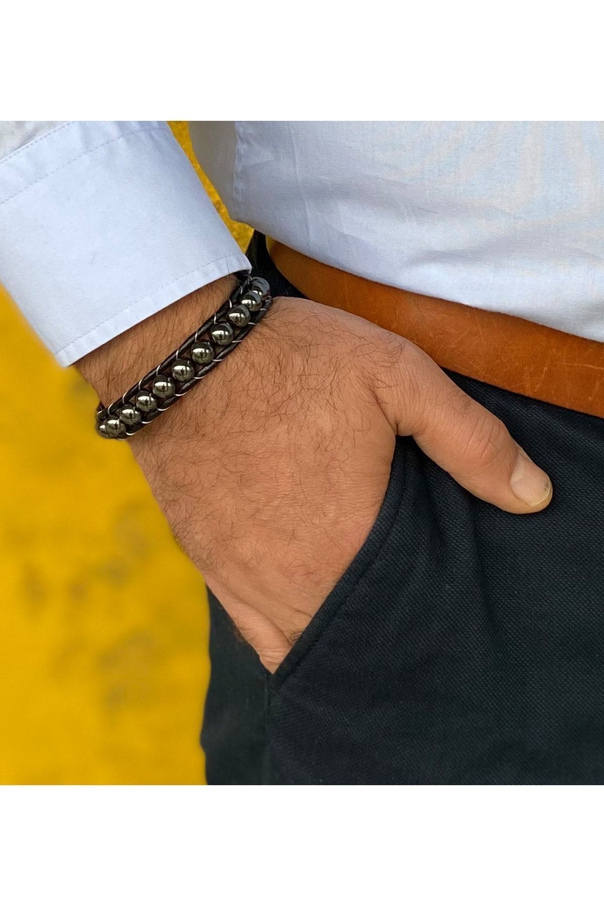 Hematit Doğal Taşlı Çelik Örme Deri Bileklik, Erkeğe Hediye, Sevgililer Günü