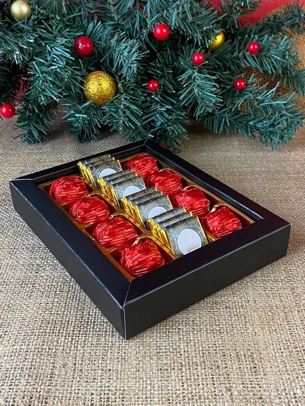 Küçük Siyah Kutuda Baston Şeker Hediyeli Yılbaşı Çikolatası, Yeni Yıl Hediyesi