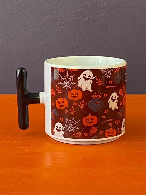 Karışık Desenli Siyah Zeminli Halloween T Kupa, Cadılar Bayramı Kupası