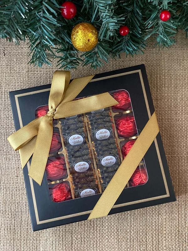 Siyah Kutuda Baston Şeker Hediyeli Yılbaşı Çikolatası, Yeni Yıl Hediyesi