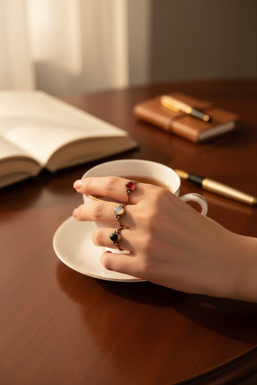 3'lü Bakır Doğal Taşlı Yüzük