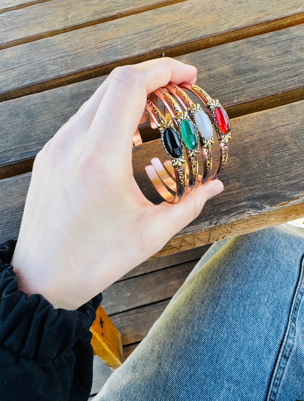 Nostalji Bakır Doğal Taşlı Ayarlamalı Bileklikler