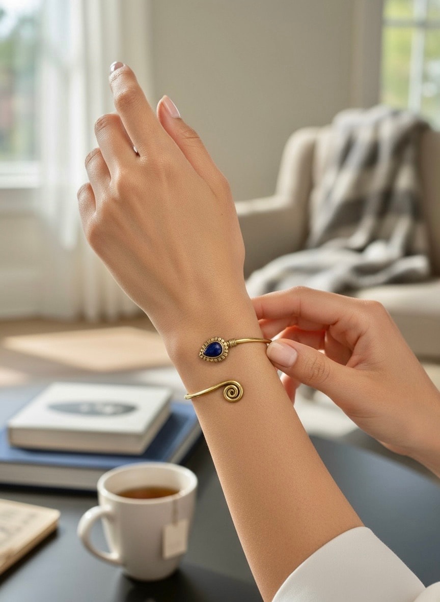 Pirinç Lapis Lazuli Taşı Ayarlamalı Bileklik