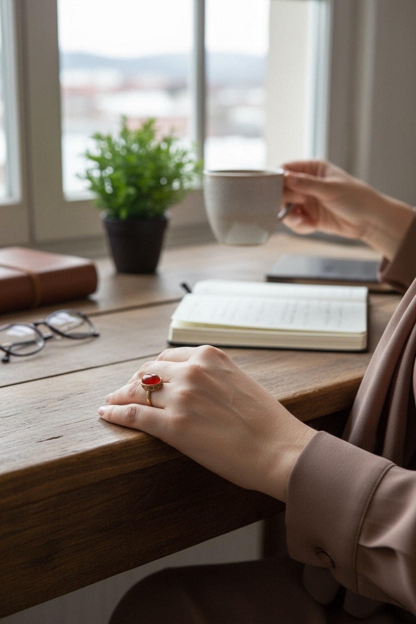 Ahu Bakır Kahve Akik Taşı Yüzük Ayarlamalı 