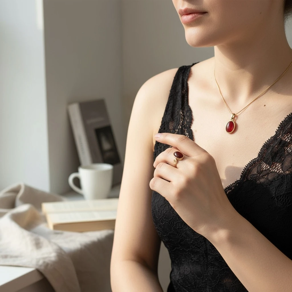 Doğal Taşlı Çelik Kolye & Bakır Yüzük 