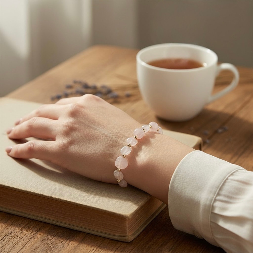 Pembe Kuvars Doğal Taş Zincirli Bileklik ( her bilek için uyumlu)
