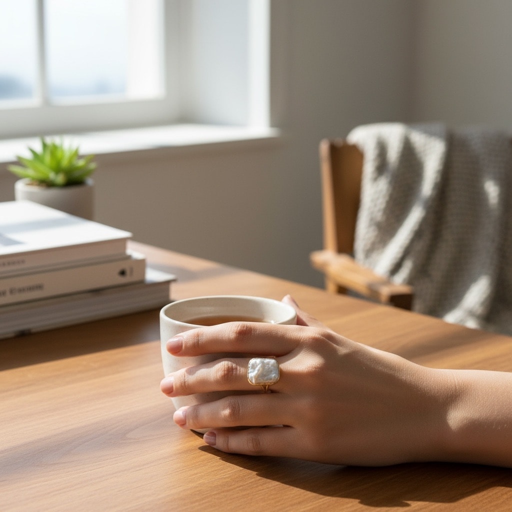 İnci Doğal Taş Kare Kesim Pirinç Üzeri Altın Kaplama Ayarlamalı Yüzük  