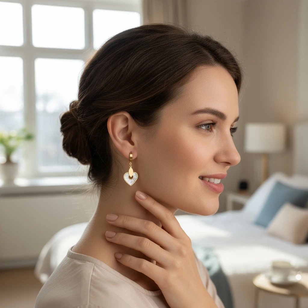 Çelik Kalpli Sedef Taşlı Küpe