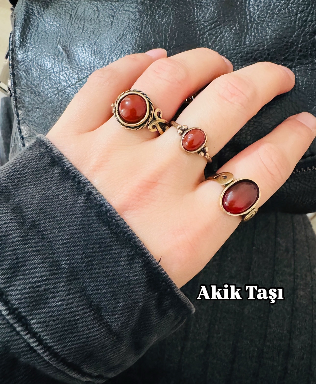 3’lü Bakır Antik Doğal Taşlı Yüzükler Ayarlamalı
