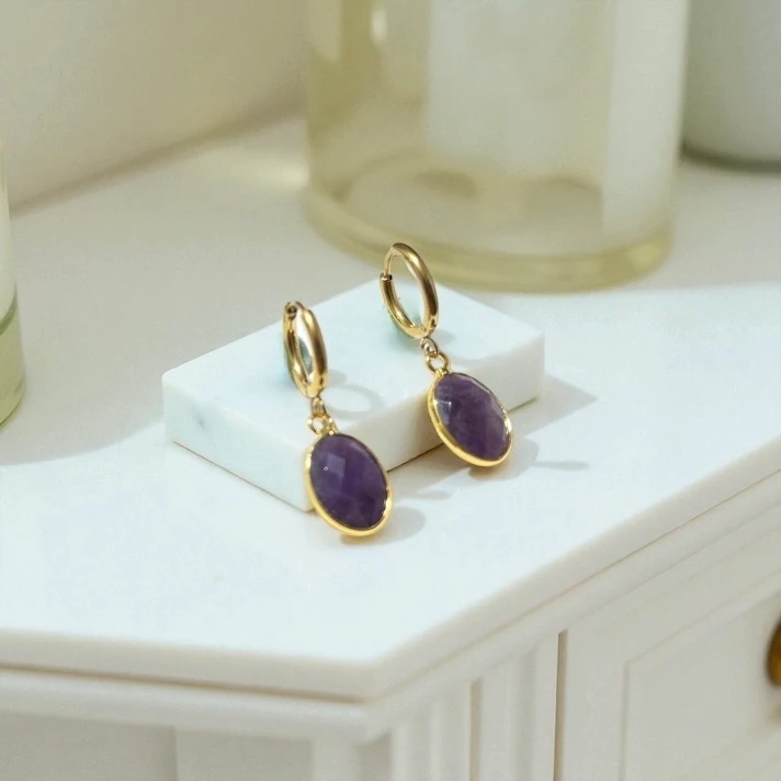 Çelik Ametist Taşlı Küpe 