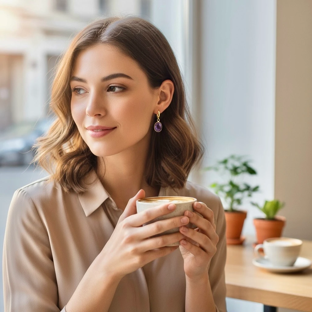 Çelik Ametist Taşlı Küpe 