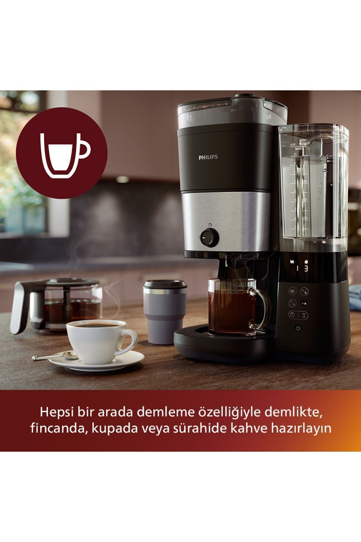 All-In-1 Brew Öğütücülü Filtre Kahve Makinesi, Kahve Çekirdeği Haznesi, Cam Sürahi, HD7888/01