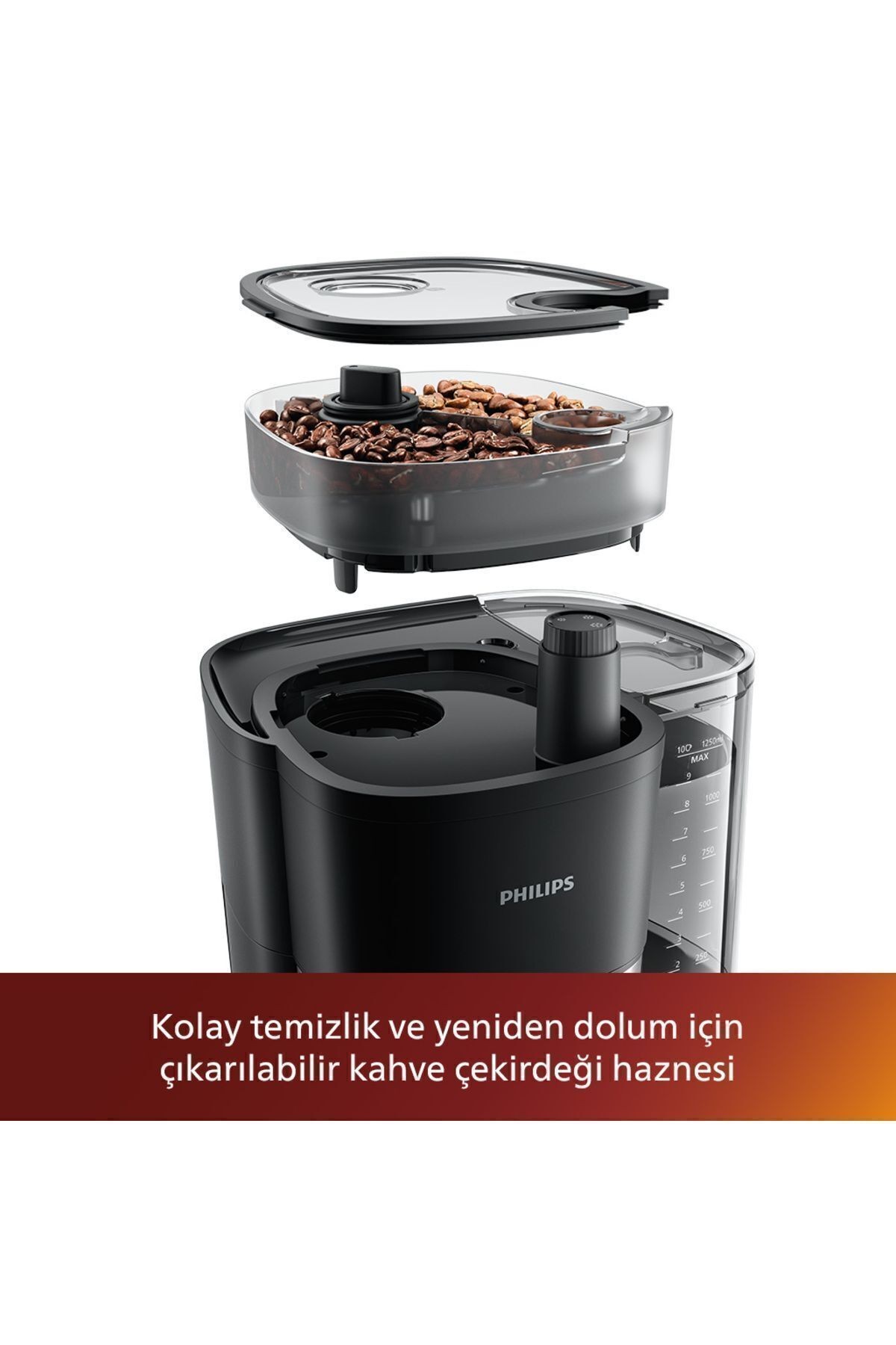 All-In-1 Brew Öğütücülü Filtre Kahve Makinesi, Kahve Çekirdeği Haznesi, Cam Sürahi, HD7888/01