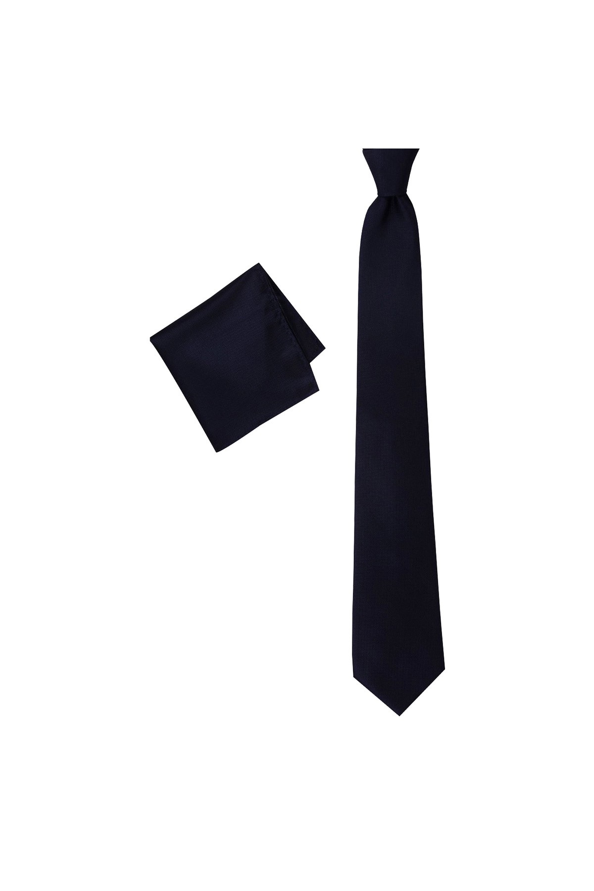 Düz renkli 8 cm genişliğinde mendilli kravat - Lacivert