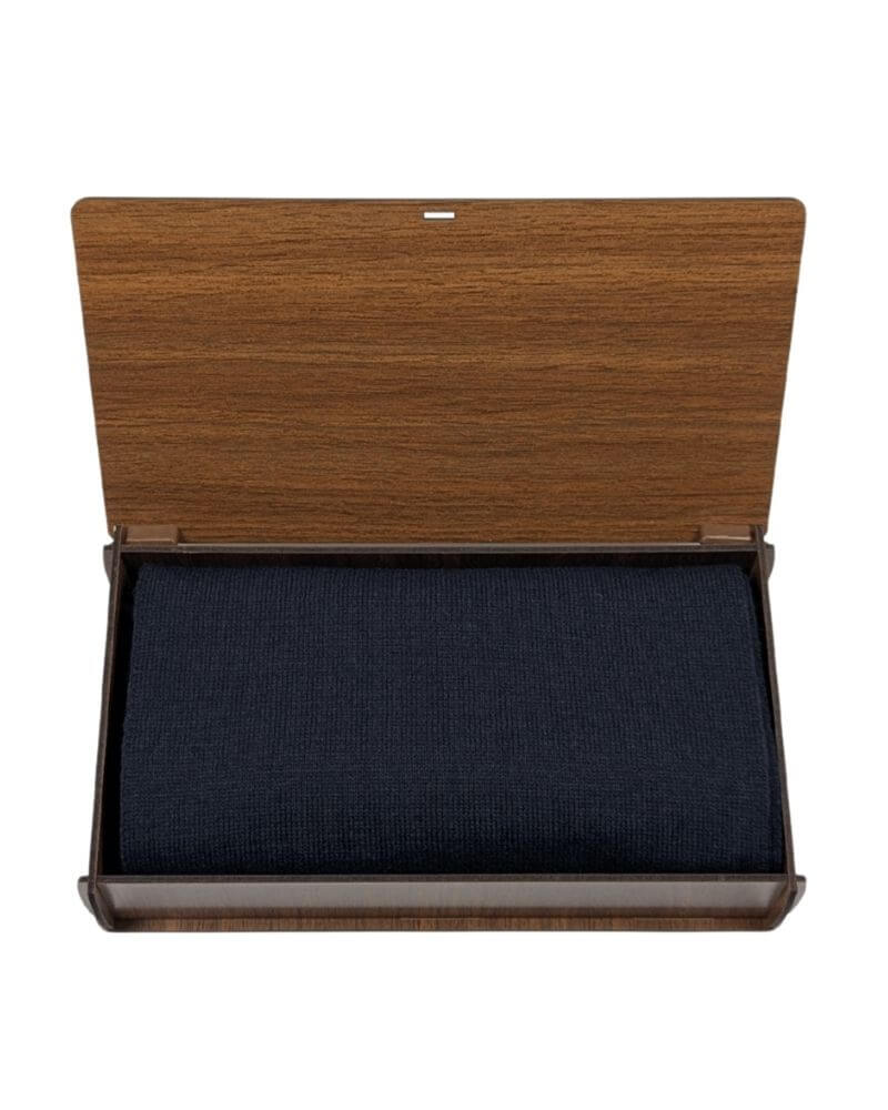 1001 Kravat Ahşap Hediye Kutulu Çift Katlı Erkek Lacivert Atkı