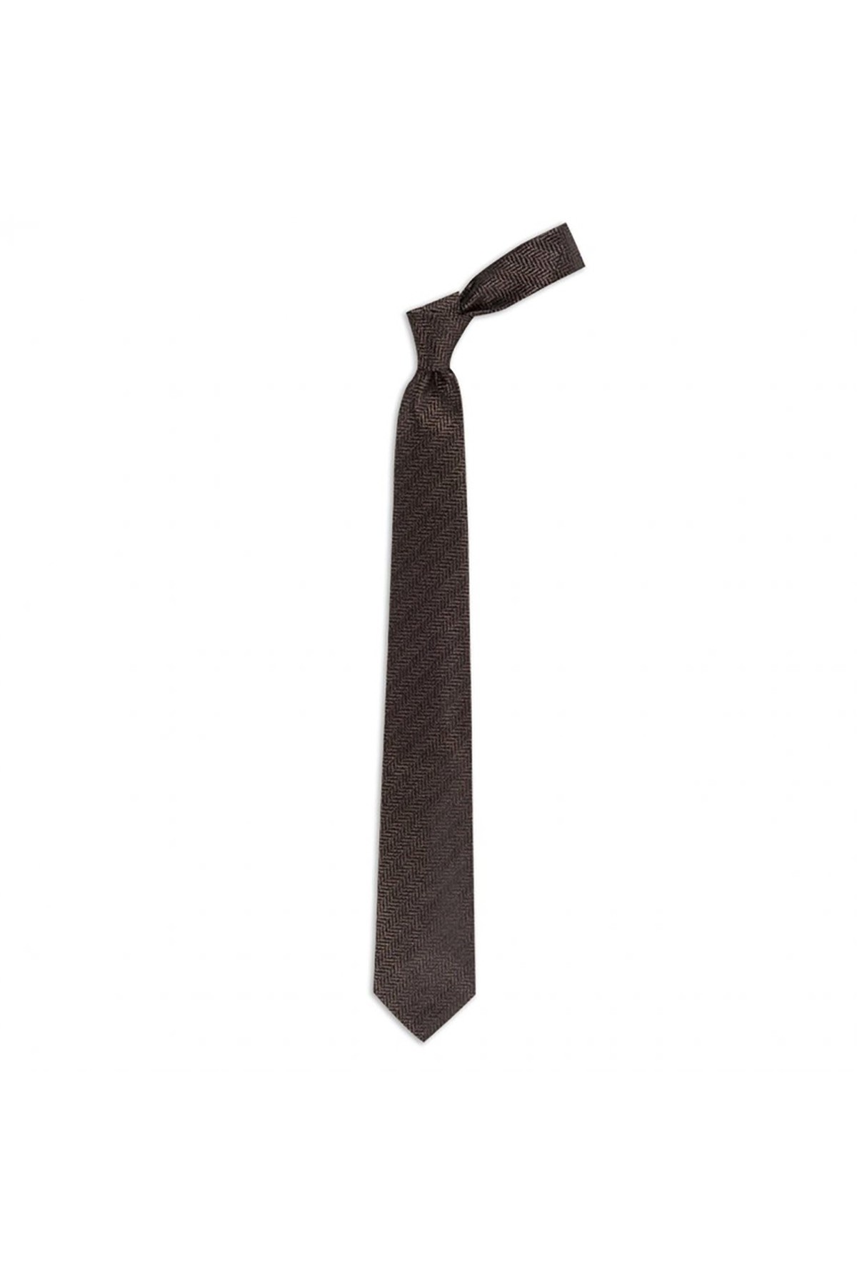 Balıksırtı desenli 8 cm genişliğinde yün ipek karışımlı kravat - Kahverengi