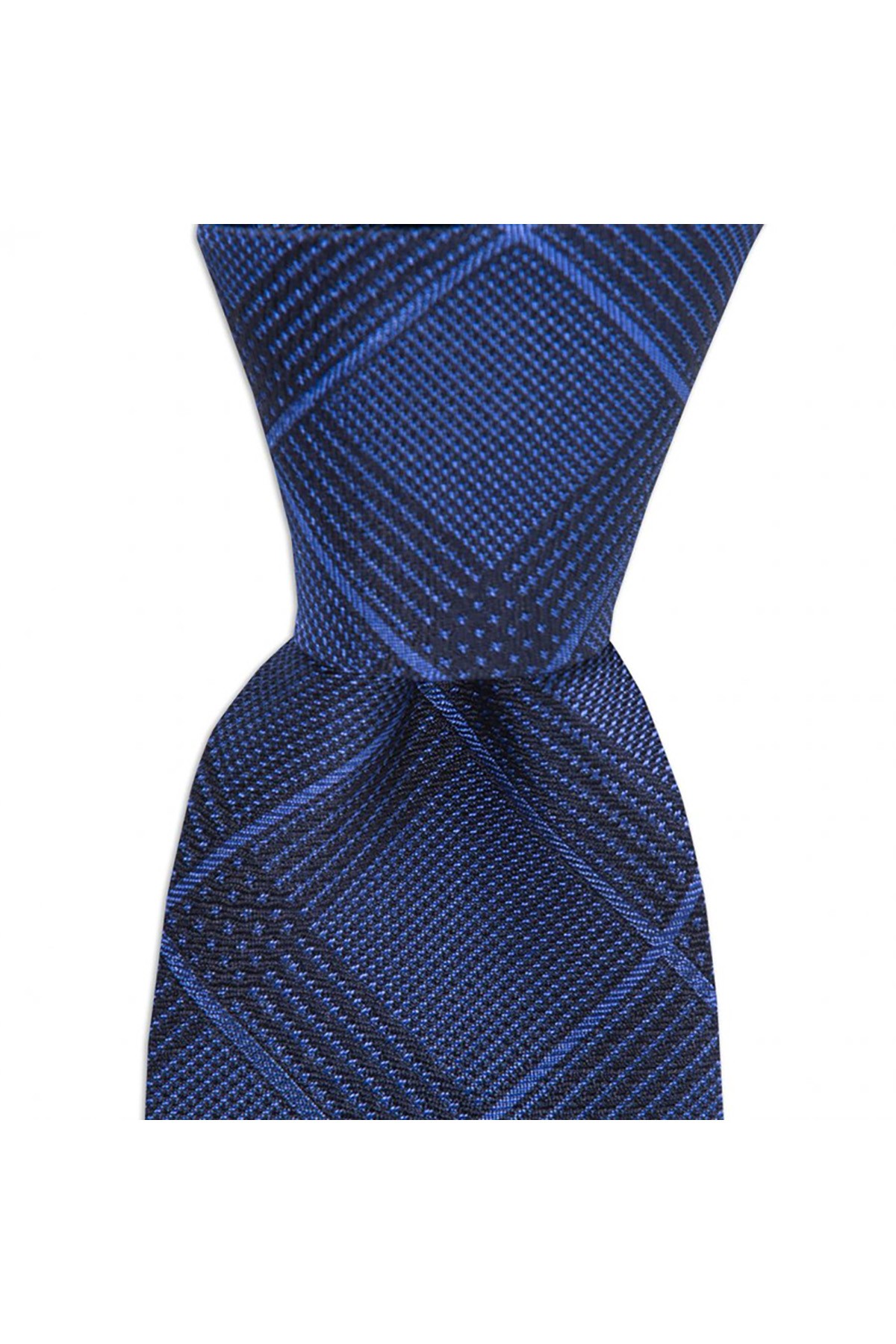 Ekose desenli 8 cm genişliğinde ipek kravat - Koyu mavi