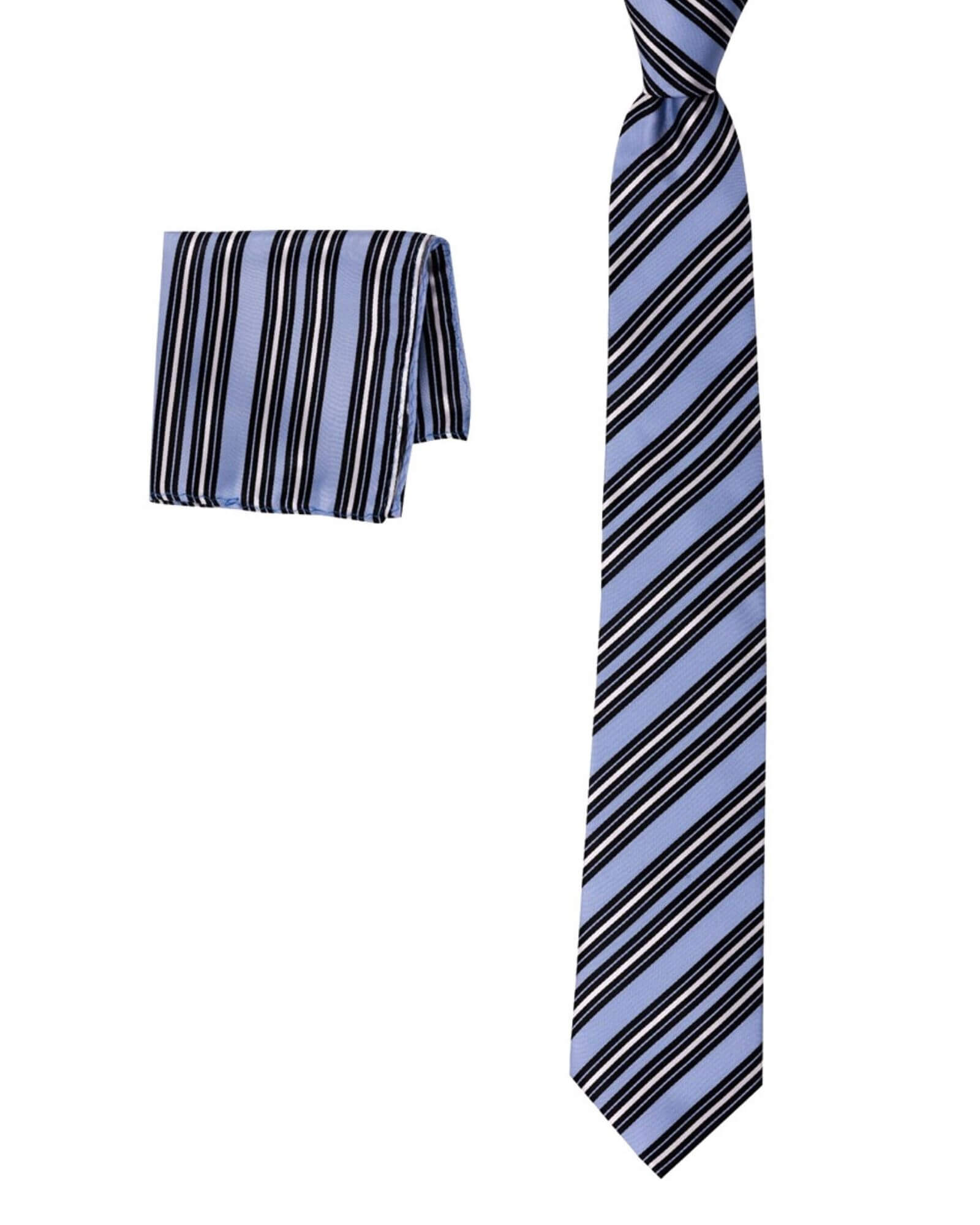 1001 Kravat 8 Cm Genişliğinde Lacivert Beyaz Çizgili Mavi Kravat Ve Mendil Seti 