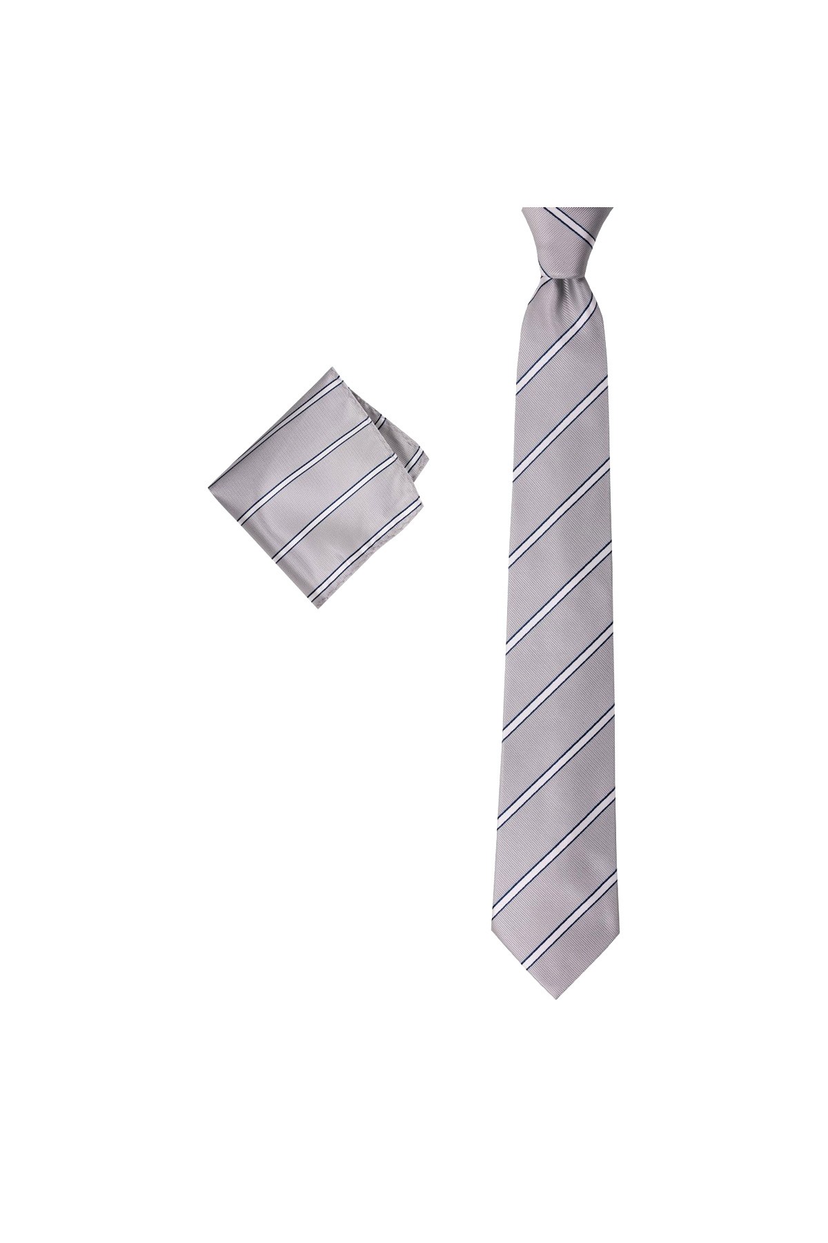 Geniş çizgili 8 cm genişliğinde mendilli kravat