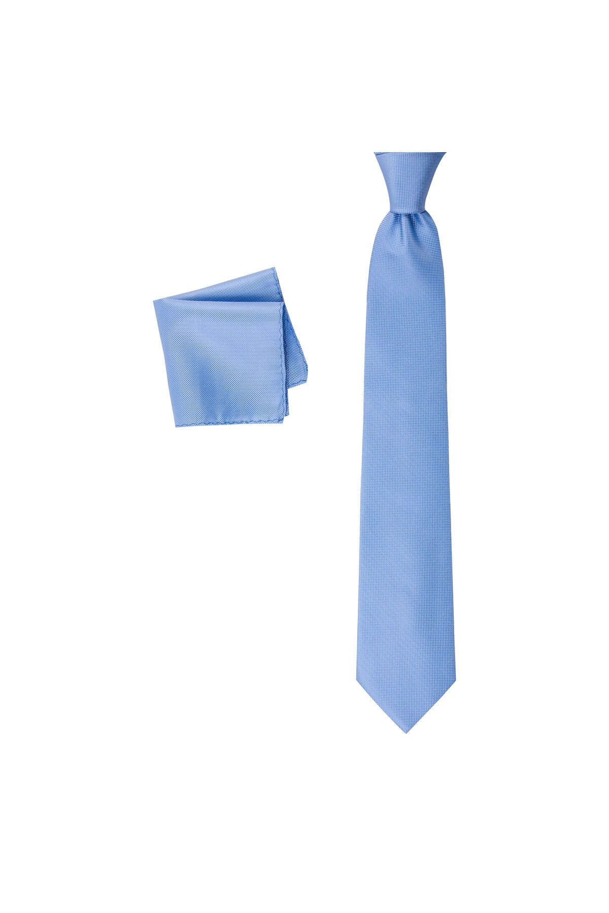 Düz renkli 8 cm genişliğinde mendilli kravat - Mavi