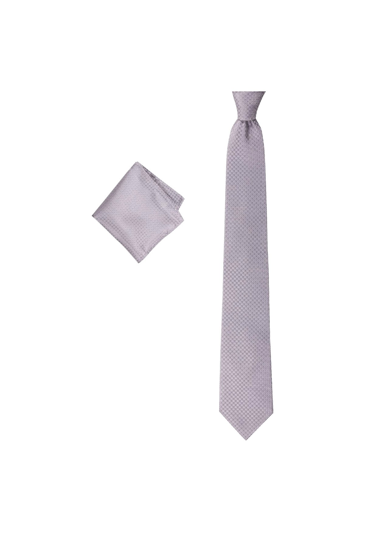 Düz renkli 8 cm genişliğinde mendilli kravat - Açık gri