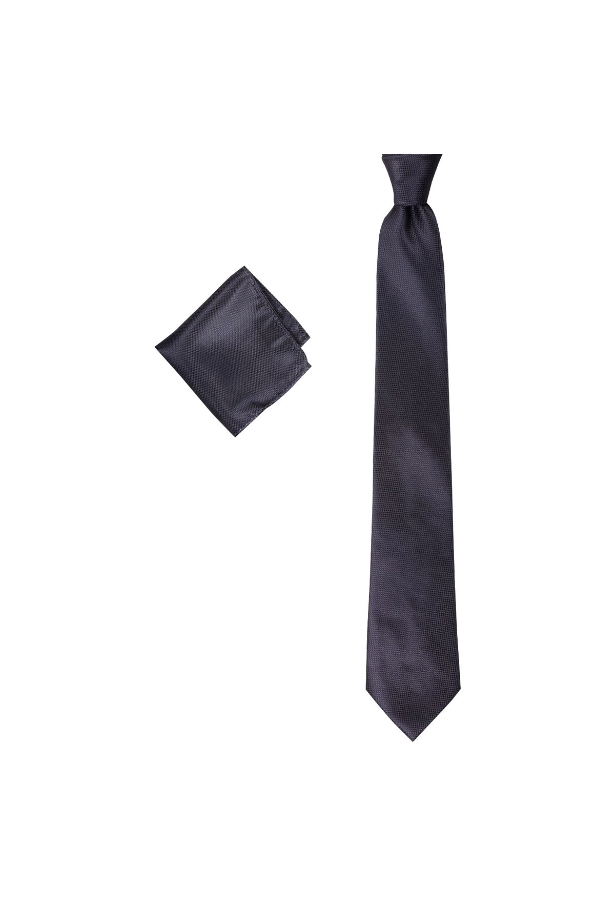 Klasik 8 cm genişliğinde mendilli kravat - Koyu gri