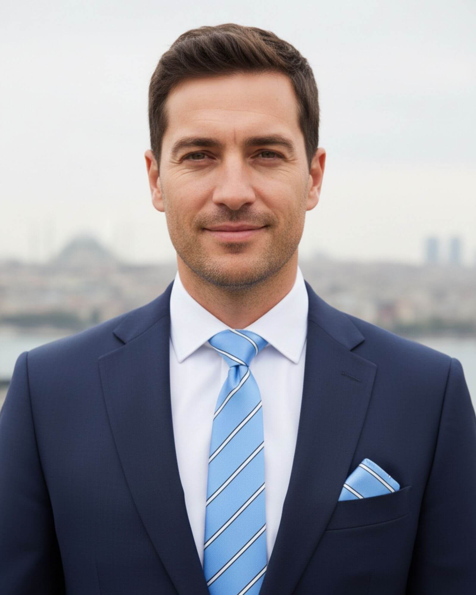 1001 Kravat 8 Cm Genişliğinde Beyaz Çizgili Mavi Kravat Ve Mendil Seti 