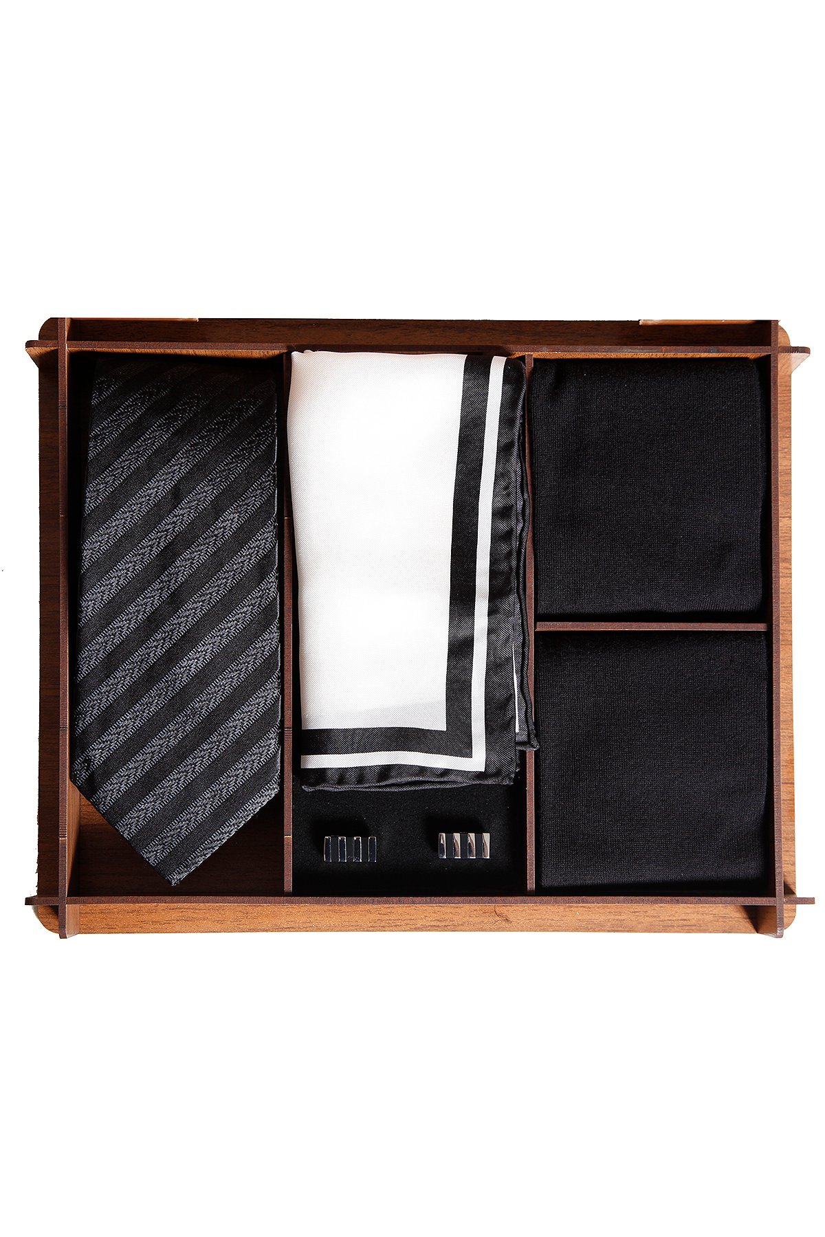 Ahşap kutuda klasik ipek kravatlı erkek hediye seti