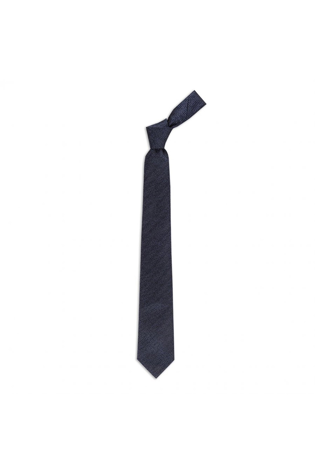 Balıksırtı desenli 8 cm genişliğinde yün ipek karışımlı kravat - Lacivert