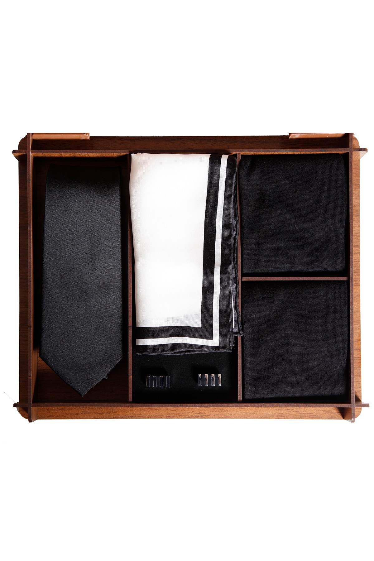 Ahşap kutuda modern ipek kravatlı erkek hediye seti