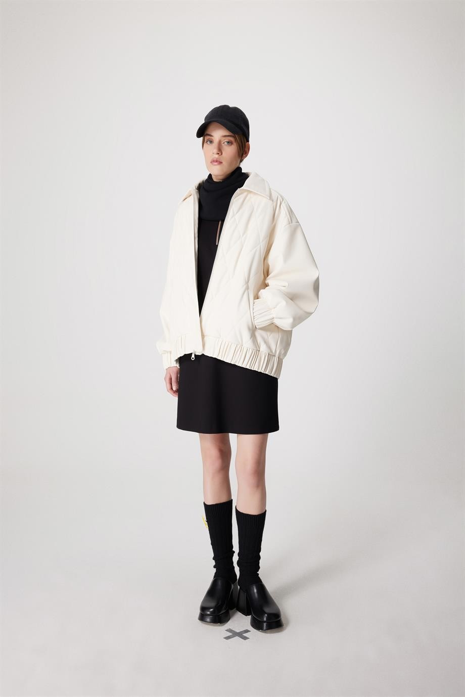 VOLUMED FAUX LEATHER BOMBER - IVORY
