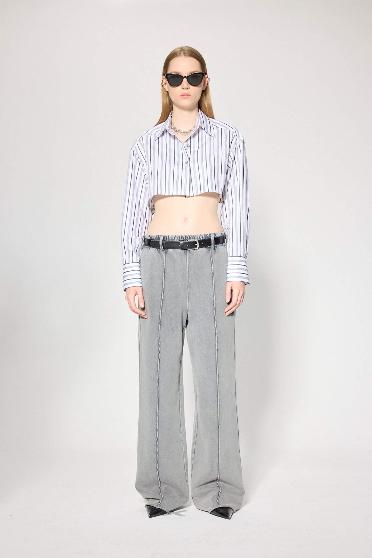 EXTRA CROP POPLİN GÖMLEK - GREY STRIPE