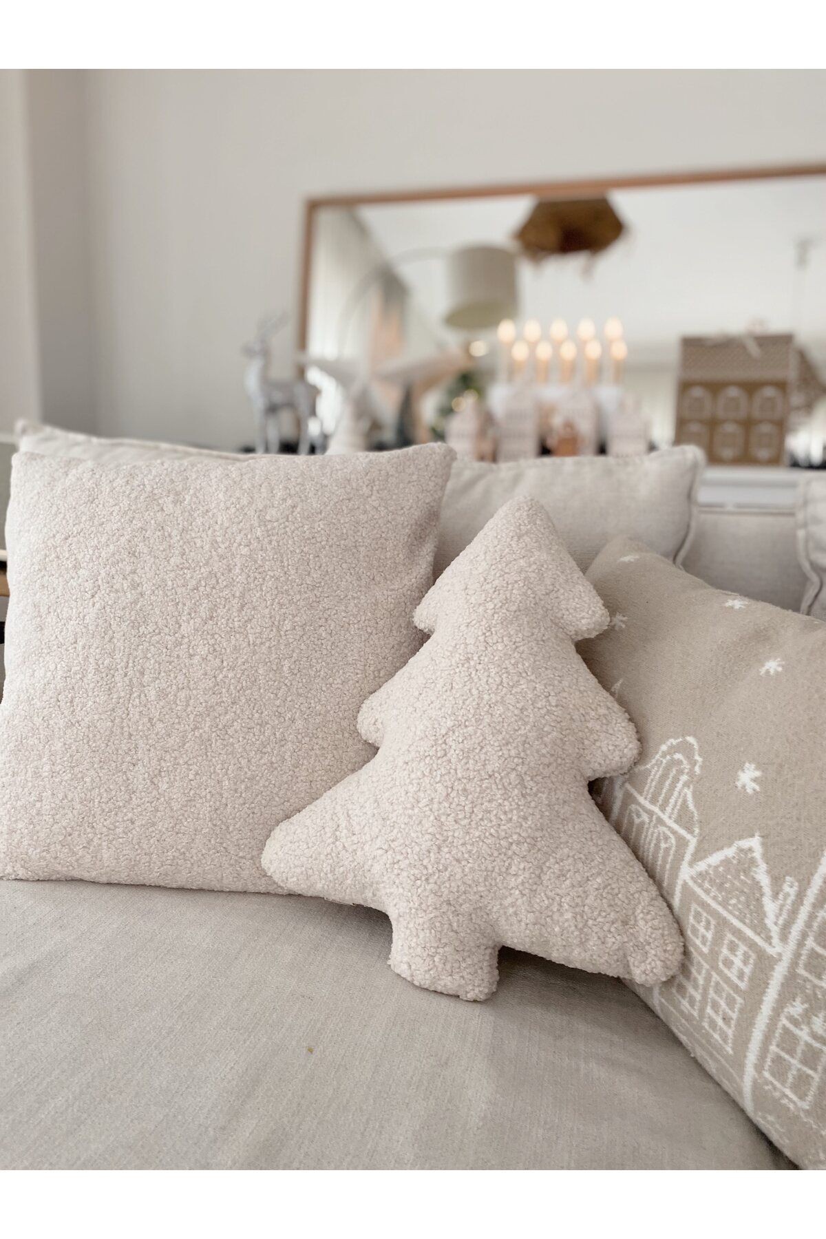 Teddy Kare Kırlent Kılıfı Krem 45x45