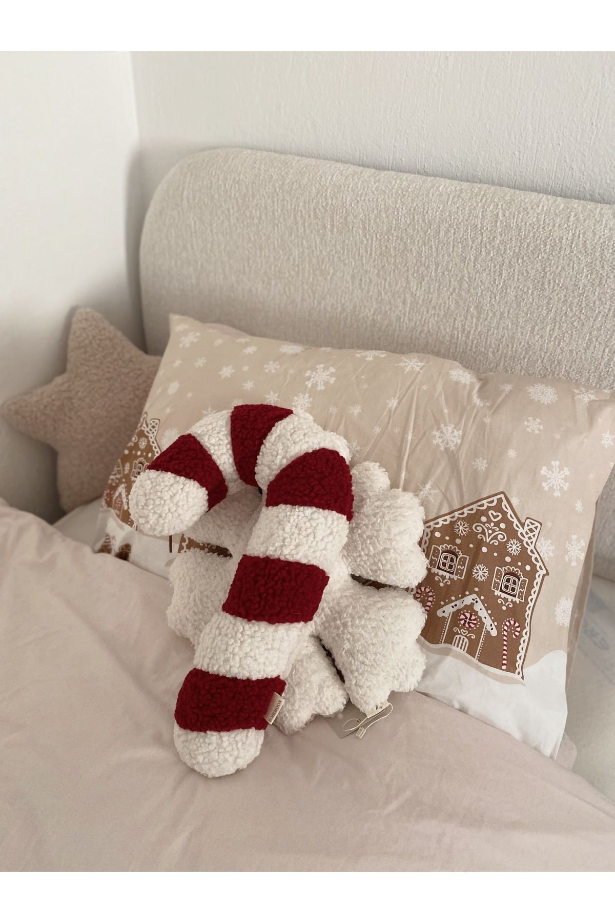 Teddy Yılbaşı Baston Şeker Yastık Bordo Beyaz