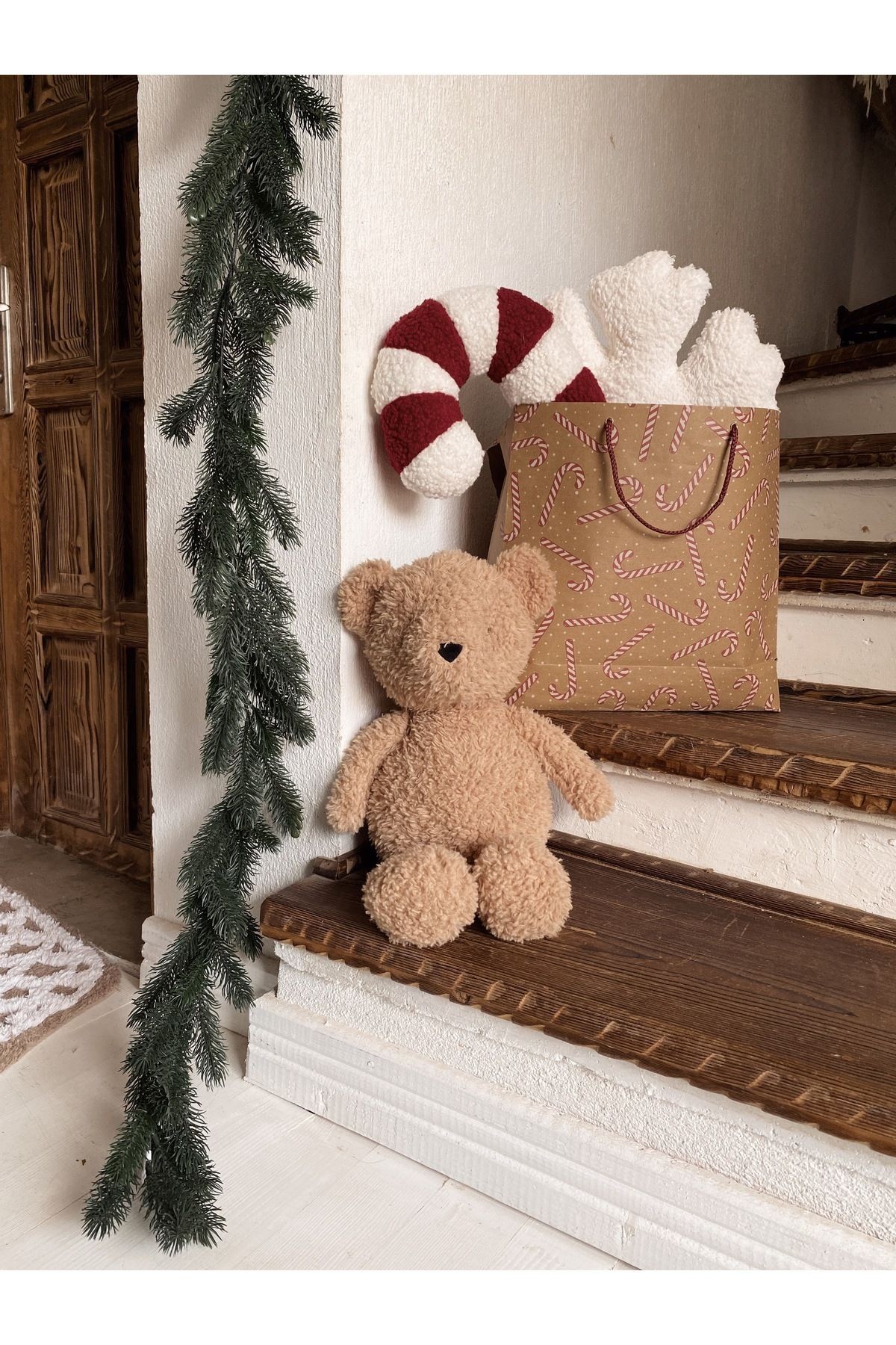 Teddy Yılbaşı Baston Şeker Yastık Bordo Beyaz