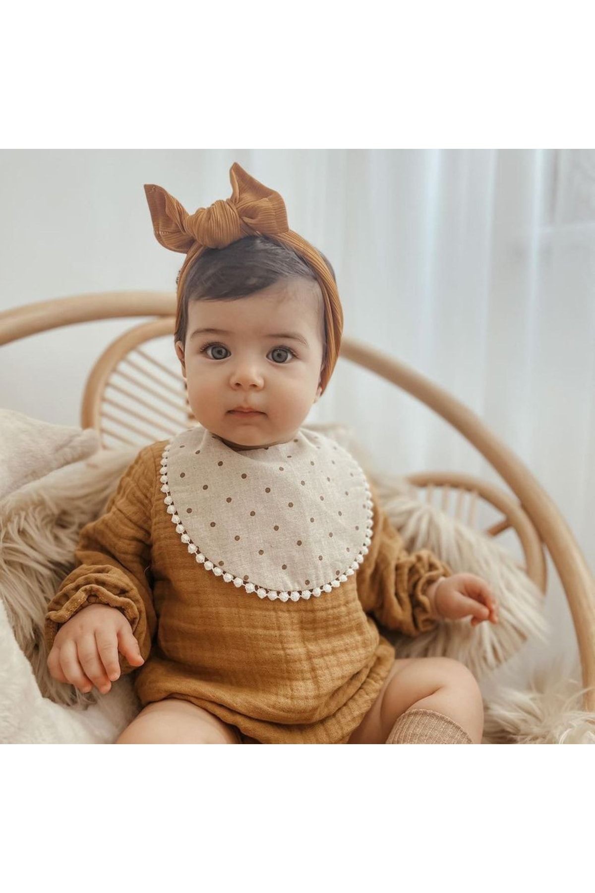 Puantiye Çift Taraflı Pamuk Keten Bebek Önlük