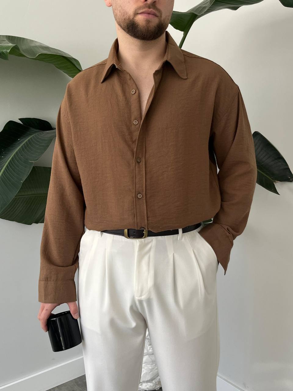 Premium Kahverengi Keten Gömlek %100 Keten Oversize Kalıp
