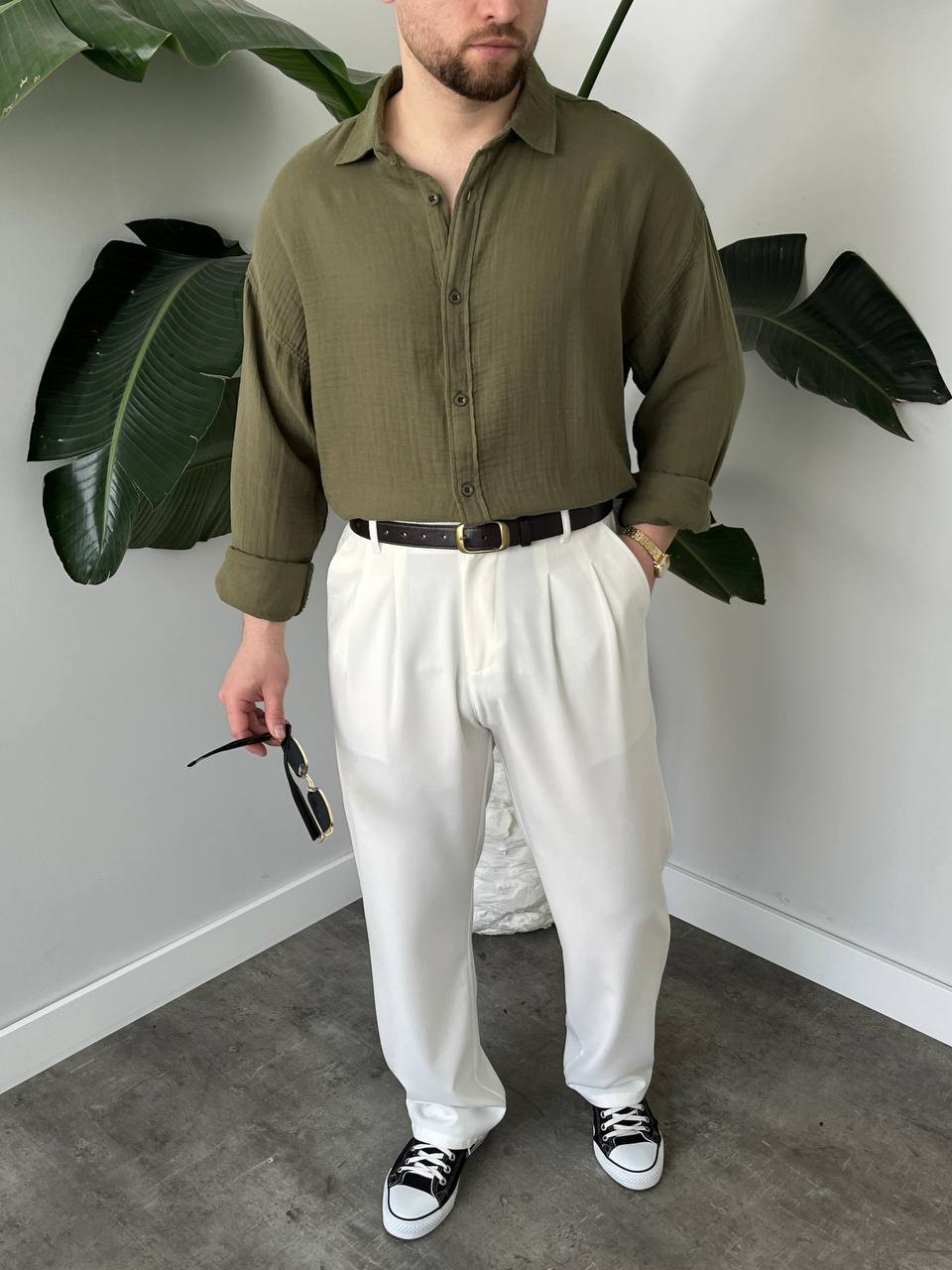 Premium Haki %100 Keten Gömlek Oversize kalıp