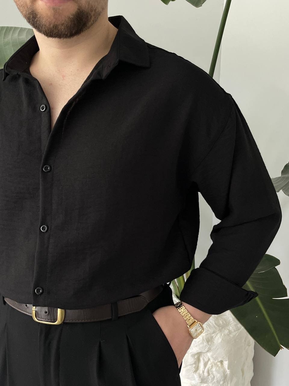 Premium Siyah keten Gömlek / Siyah Kumaş Pantolon Kombin boyfrend Kalıp
