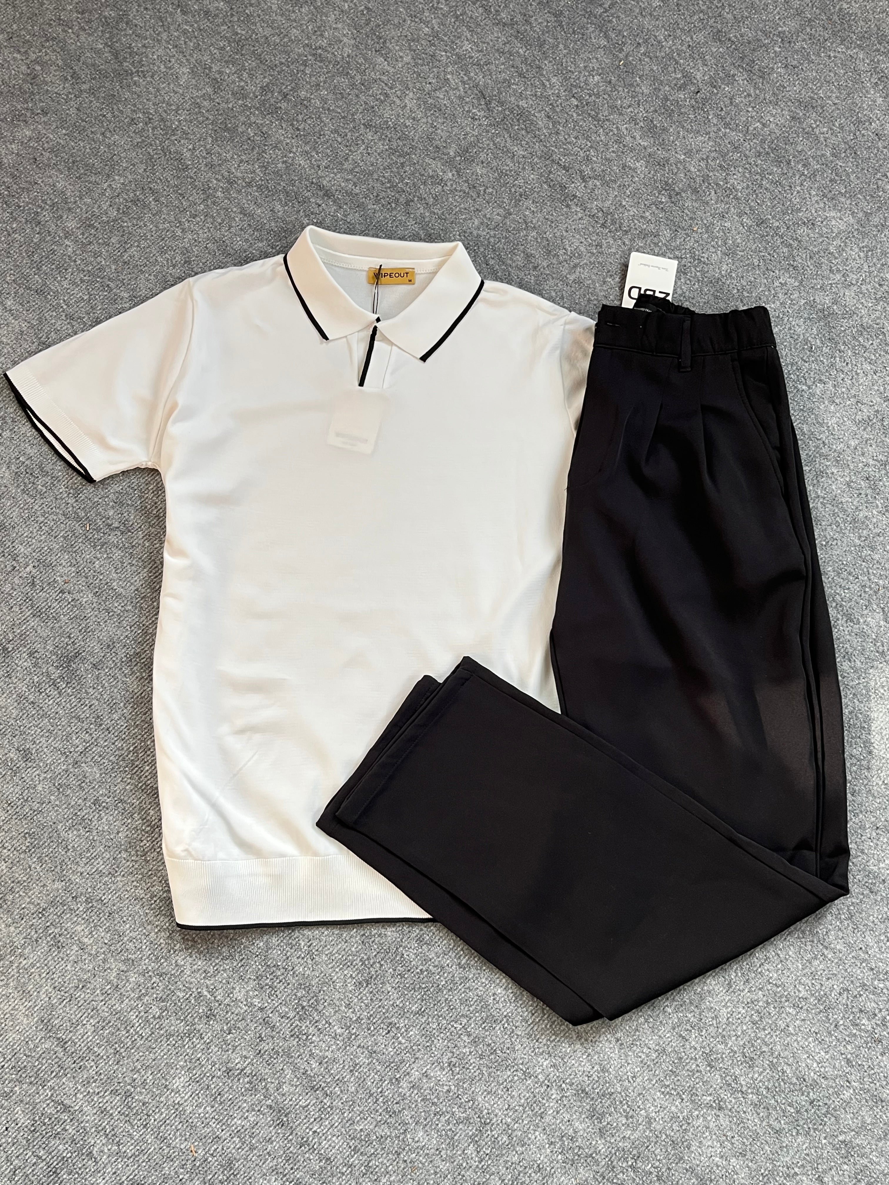 Triko Beyaz Polo Yaka / Kumaş Baggy Pantolon Kombin