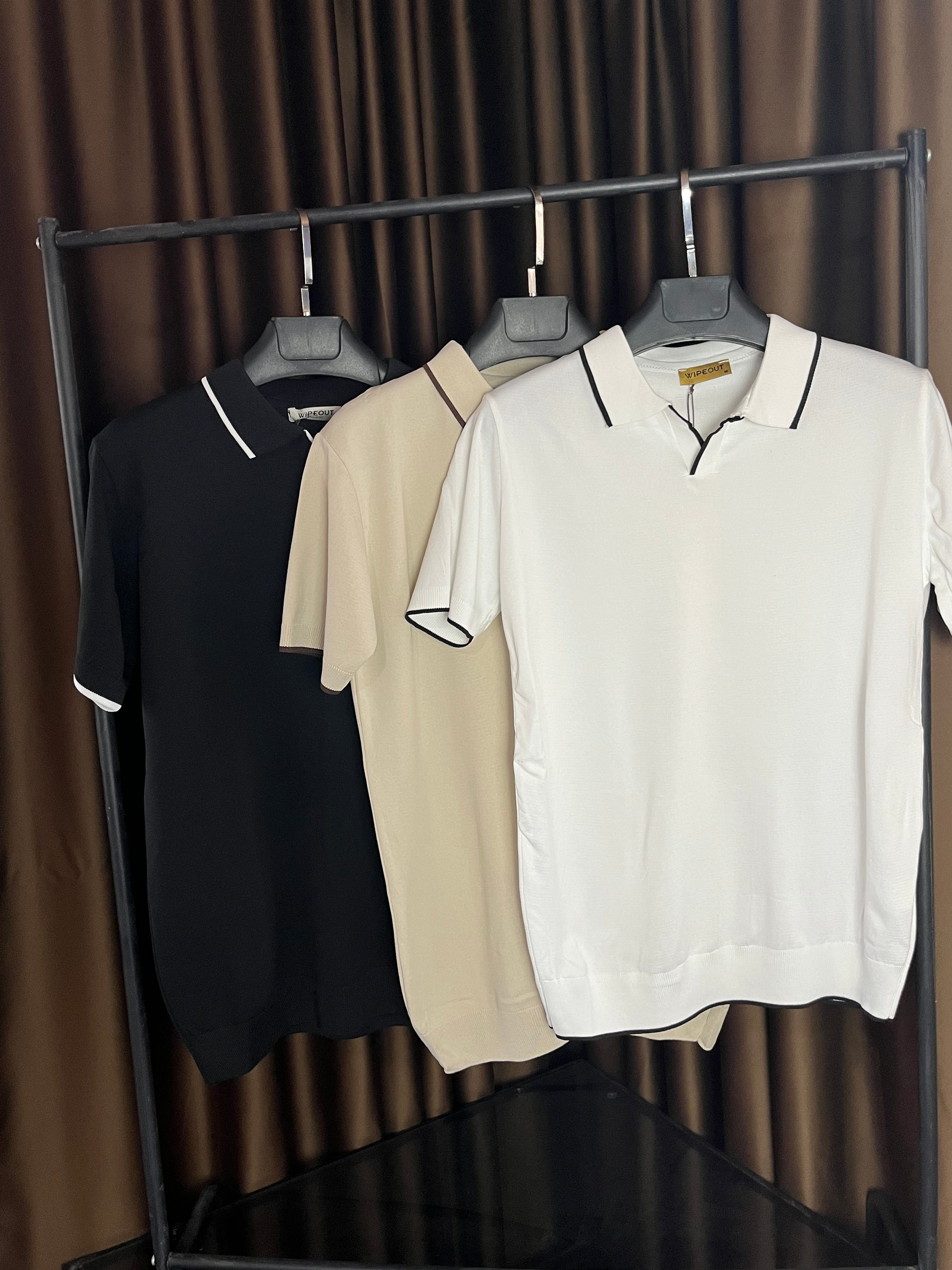 Yaka Çizgi Detaylı Polo Yaka Triko T-Shirt-Siyah