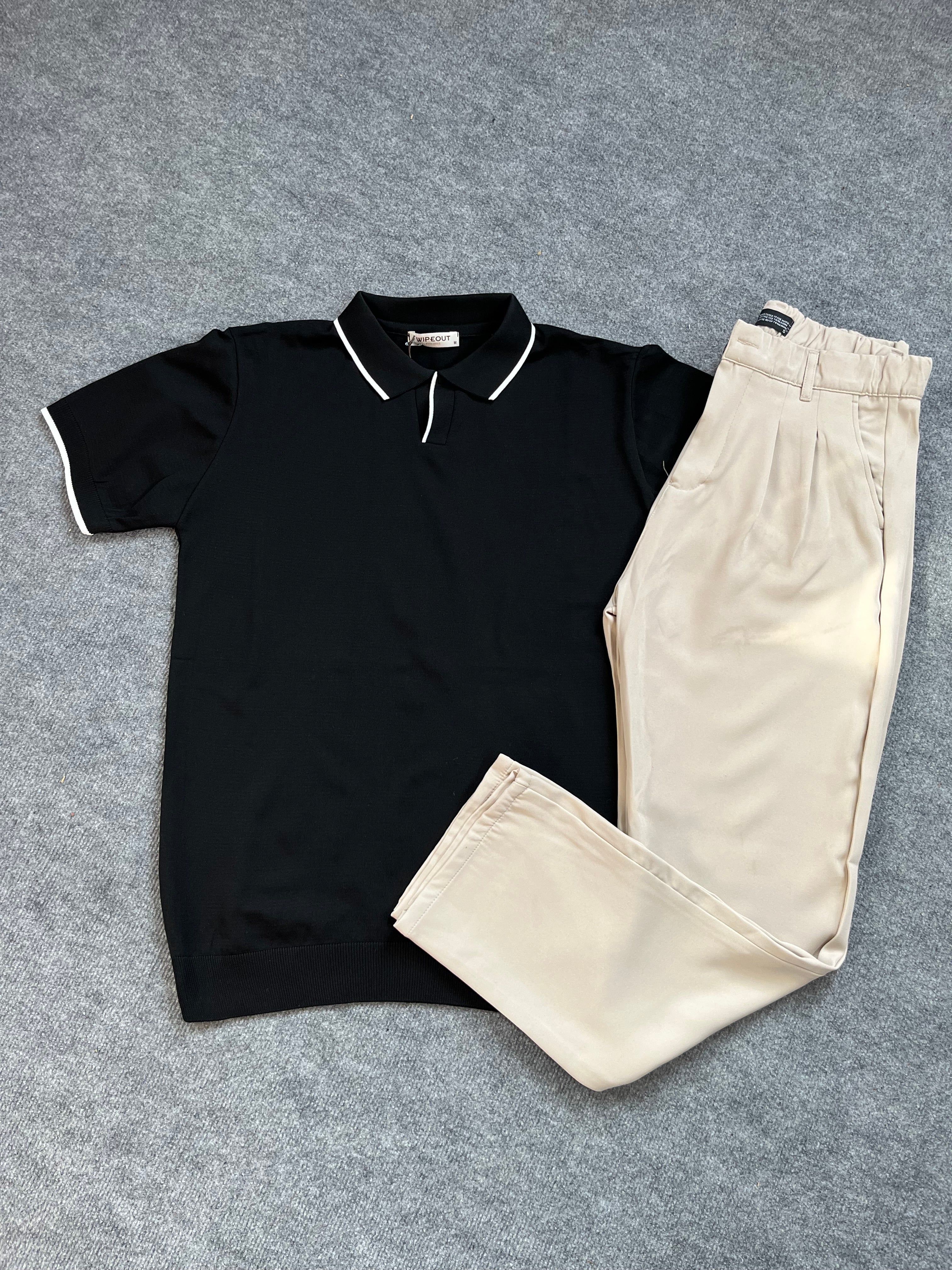 Triko Siyah Polo Yaka / Bej Kumaş Baggy Pantolon Kombin