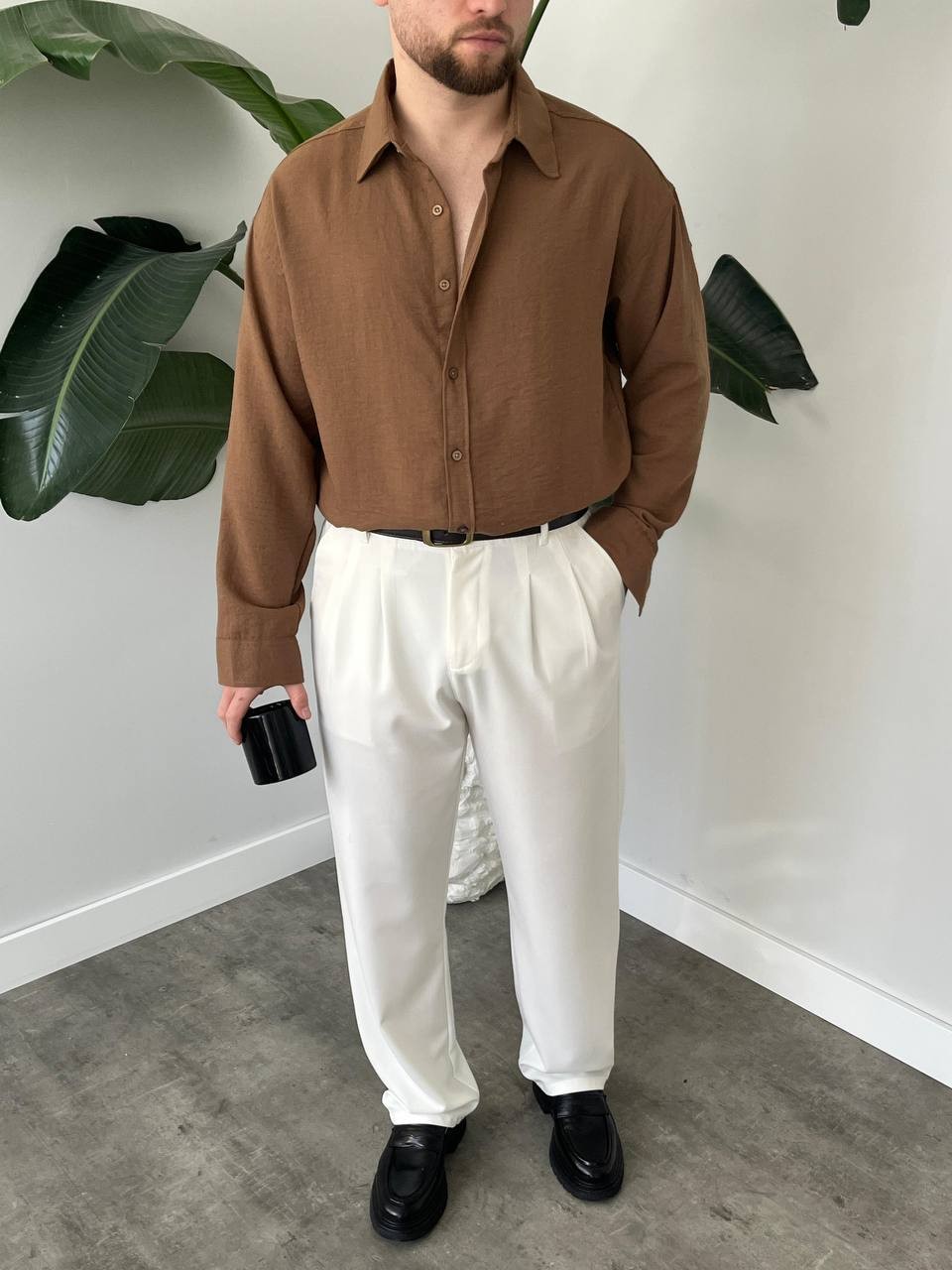 Premium Kahverengi Keten Gömlek %100 Keten Oversize Kalıp