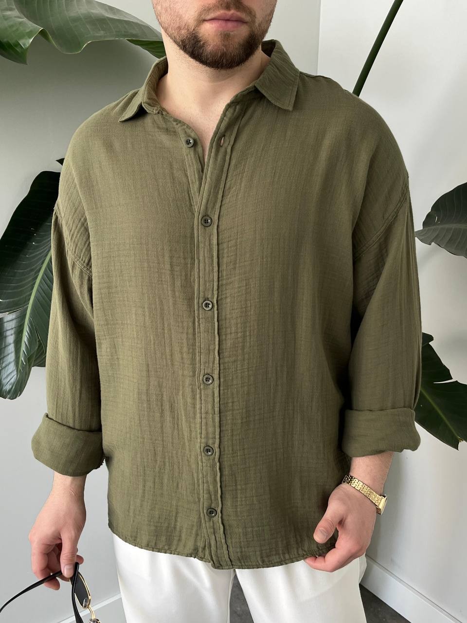 Premium Haki %100 Keten Gömlek Oversize kalıp