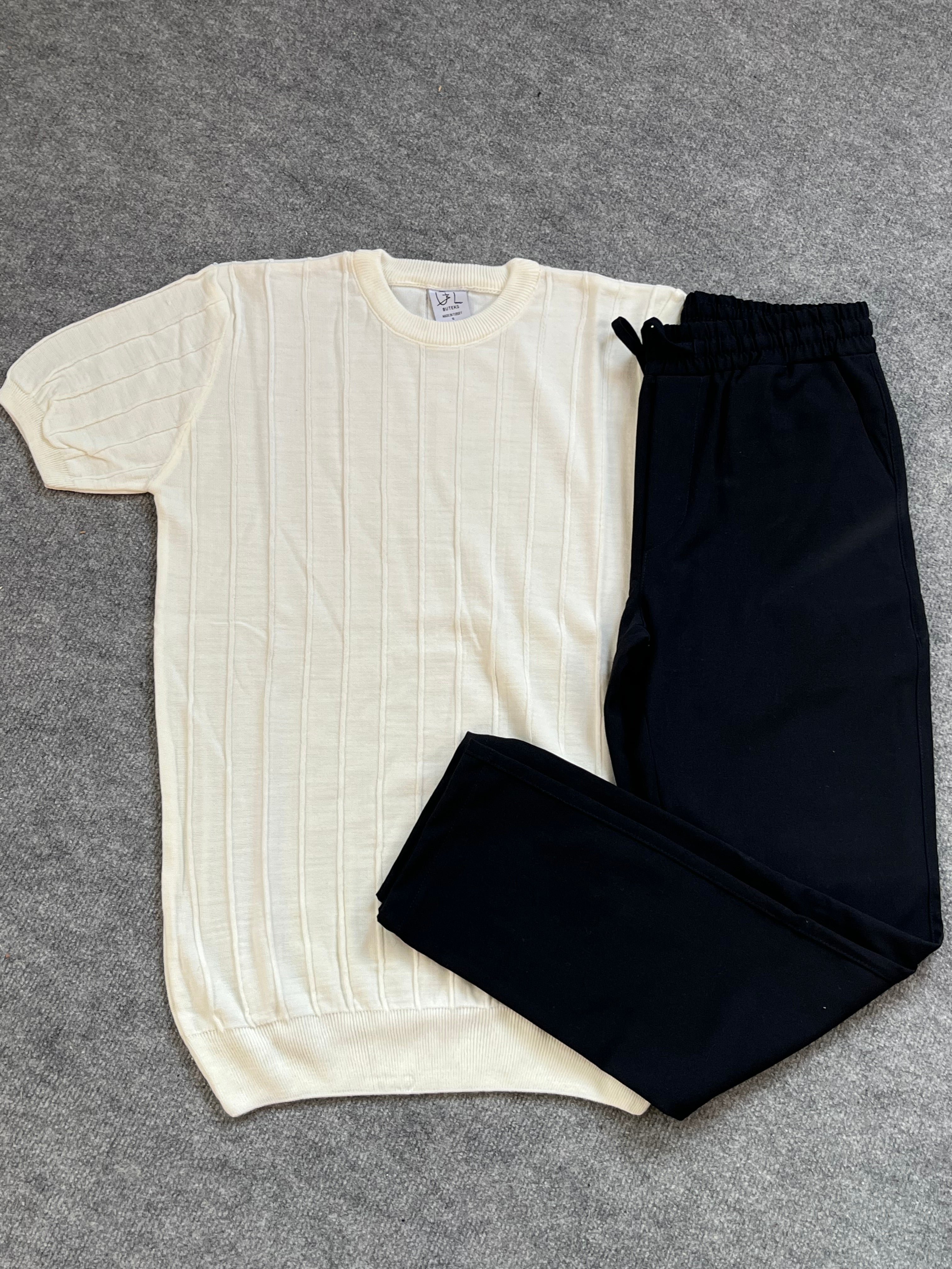 Triko Şerit Detaylı T-shirt / Lacivert Kumaş Pantolon